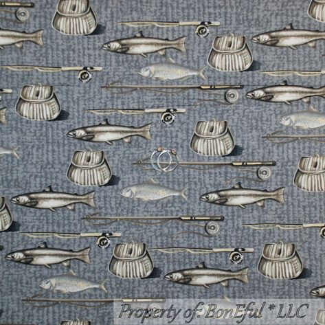 BonEful Fabric FQ Cotton Quilt Gray Silver Lake Fish Pole Rod Texture Camp Cabin Cabin Fabric By The Yard, Fishing Camp Cabin Lake Houses, Fishing Wedding Theme, Fishing Themed Wedding, Lake Fish, Disney Usa, Camp Cabin, Scrap Quilting, Fish Theme