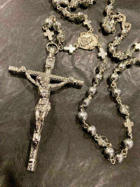 Silver plated with silver and clear glass beads . Small silver coated cross beads as well. It does have a clasp so you can use it in multi ways. Beautiful piece. Rosary Cross, Cross Beads, Streetwear Jewelry, Dope Jewelry Accessories, Jewelry Accessories Ideas, Dope Jewelry, Silver Coat, Jewelry Lookbook, Christian Jewelry