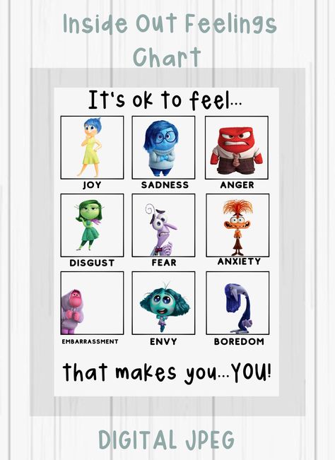 Inside Out Feelings Chart, Inside Out Emotion Chart, Emotion Printables, Inside Out Crafts, Inside Out Feelings, Feelings Chart For Kids, Inside Out Project, Asd Classroom, Inside Out Emotions