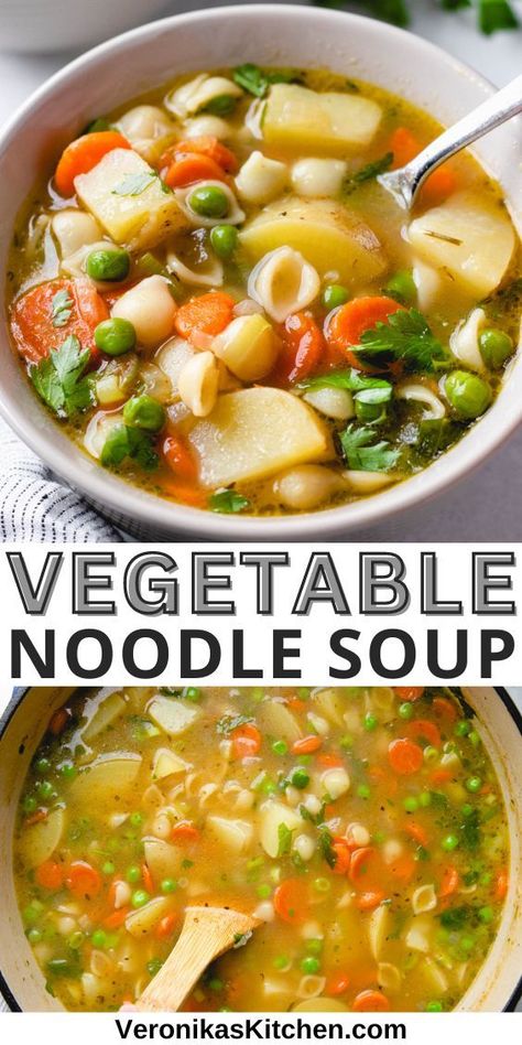 Vegetable noodle soup, made with carrots, potatoes, pasta, and sweet peas. Basic Soup Recipe, Noodles Dinner, Cold Weather Soup, Veggie Soup Recipes, Vegetable Noodle Soup, Vegetable Noodle, Vegetable Stew Recipe, Veg Soup, Vegetarian Soup Recipes