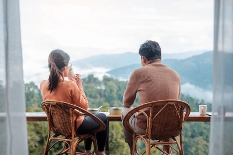 Couple tourist drinking coffee and eatin... | Premium Photo #Freepik #photo #honeymoon #couple-sitting #couple-travel #romantic-couple Countryside Home, Wedding Captions For Instagram, Couple Coffee, Eating Breakfast, Relationship Bases, Healthy Marriage, Married Couples, Countryside House, Airbnb Host