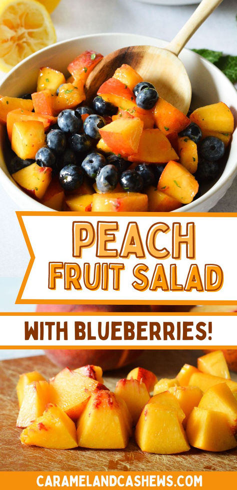 a bowl of blueberry peach fruit salad Peach Berry Fruit Salad, Peach And Blueberry Salad, Blueberry Side Dish, Peaches And Blueberries Recipes, Fruit Salad With Peaches, Peach Blueberry Salad, Peach Fruit Salad, Blueberry Fruit Salad, Fruit Side Dishes