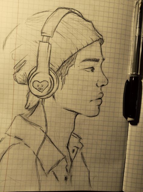 Guy Listening To Music Drawing, Drawings With Headphones, Headphones On Neck Reference, Person Wearing Headphones Drawing, Boy With Headphones Drawing, Someone Wearing Headphones, Person With Headphones Drawing, Drawing Of Headphones, Headphones Drawing Reference