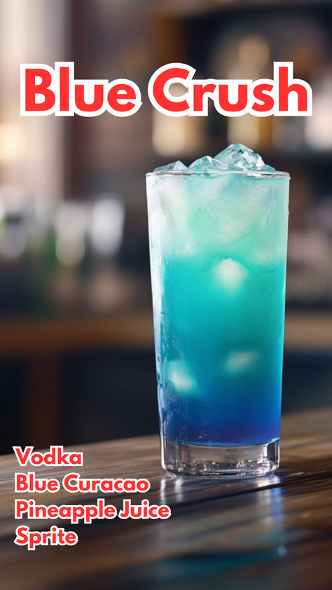 Blue Crush Cocktail Blue Sourpuss Drinks, Blue Curacao Cocktails, Blue Cocktail Drinks, Drinks With Blue Curacao, Sprite Cocktails, Curacao Drink, Blue Curacao Drinks, Cocktail Cards, Vodka Cocktails Easy