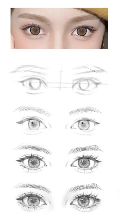 Korean Eye Sketch, Semi Realistic Drawing Reference, Semi Realism Tutorial Step By Step, Eye Smile Drawing, How To Draw Korean Eyes, Face Ratio Drawing, Semi Realistic Eyes Tutorials, Semi Realism Eyes Tutorial, Korean Eye Drawing