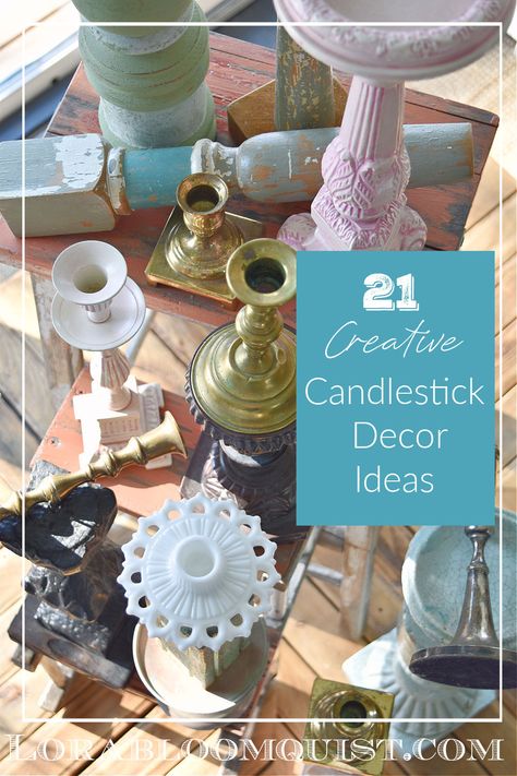 Candlestick Display Ideas, Decorative Candle Holders, Decorate With Candle Holders, Taper Candle Decorating Ideas, What To Do With Candle Holders, Decorating With Candle Sticks, Candlestick Crafts Diy, Styling Candle Sticks, Lamp To Candle Holder