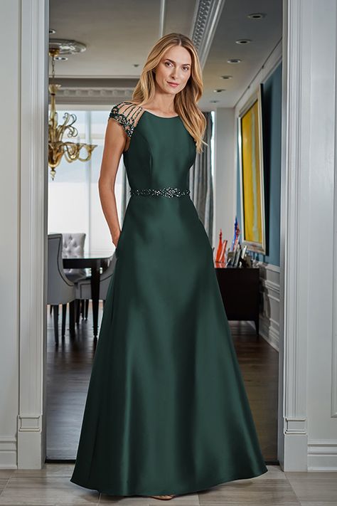 J225011 Retro Glam Mikado A-Line Gown with Shoulder Beaded Cap Sleeves Western Party Wear, Mother Of Groom Outfits, Mother Of The Bride Dresses Long, Evening Dress Collection, Line Dresses, Retro Glam, A Line Dresses, Groom Outfit, A Line Gown