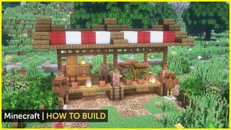 Minecraft Food Market Ideas, Minecraft Market Stall Design, Market Stall Minecraft Ideas, Marketplace Minecraft Ideas, Minecraft Villager Market Stalls, Food Stall Minecraft, Market In Minecraft, Minecraft Farmers Market Ideas, Minecraft Selling Stand