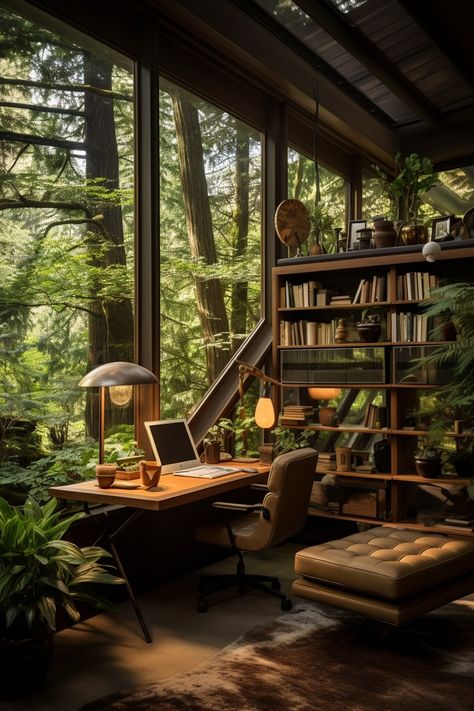 Touring 70+ Strikingly Beautiful Forest Homes That Bring the Outdoors In - Days Inspired Wellbeing Room, Cabin Patio, Cabin Forest, Library With Fireplace, Forest Homes, Forest Bedroom, Writing Slope, Cabin Living Room, Earthy Home