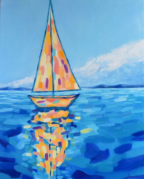 Painted Canvas Bags, Ocean Landscape Painting, Summer Art Projects, Ocean Waves Painting, Art Projects For Teens, Sailboat Art, Ocean Canvas, Sailboat Painting, Canvas Painting Tutorials