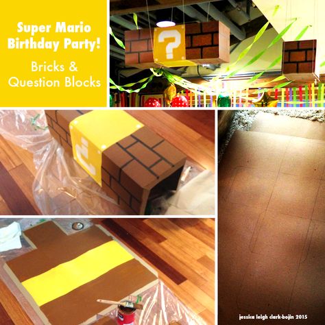 Welcome to our Super Mario Bros kid's birthday party! To save time, I cut out a piece of 10"x10" paper and traced it repeatedly on heavy card stock to form the net for the bricks. The rule is "tab miss, tab miss" when making 2D shapes to fold into three dimensions. They are pretty simple - cut out, score the folds, paint, fold up, hot glue together. -J #Nintendo #SuperMario #KidsParty Yoshi Party, Mario Halloween Costumes, Mario Halloween, Mario Bros Birthday Party Ideas, Mario Theme, Super Mario Bros Birthday Party, Super Mario Bros Party, Son Birthday, Mario Bros Birthday