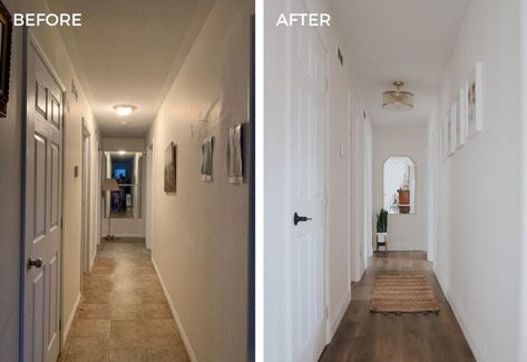 How To Brighten A Dark Hallway, Narrow Dark Hallway Ideas, Small Narrow Hallway, Brighten Dark Hallway, Bungalow Hallway Ideas, Long Narrow Hallway Ideas, Small Hallway Lighting, Short Ceiling, Narrow Hallway Decorating Ideas