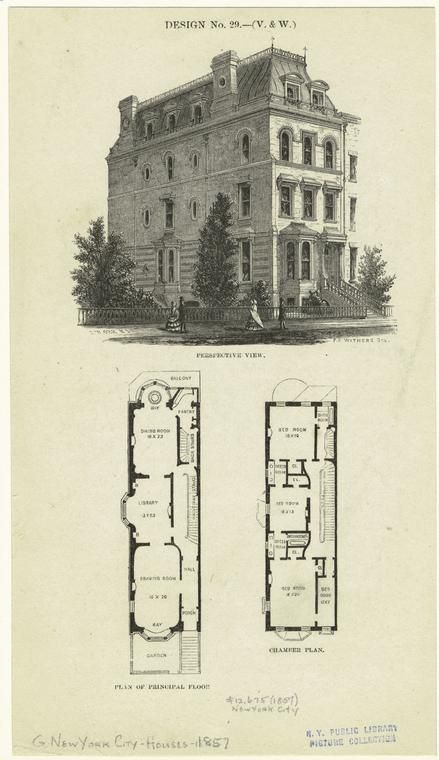 Floor plans of a 3-bedroom house in NYC. One of hundreds of thousands of free digital items from The New York Public Library. Victorian Town House Floor Plan, Vintage Townhouse Floorplan, New York Victorian Homes, Victorian Townhouse Floor Plan, Victorian Manor Floor Plans, Second Empire House Plans, Townhouse Floor Plan, Black Manor, Gothic House Plans