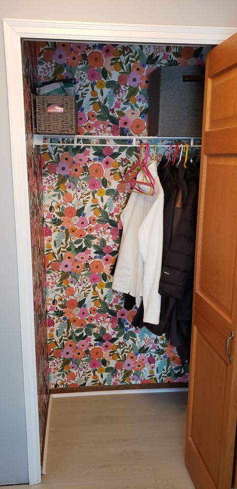 Office Closet Wallpaper, Coat Closet Wallpaper, Wallpaper Inside Closet, Closet With Wallpaper, Wallpaper In Closet, Wallpapered Closet, Walk In Robe Designs, Magic Office, Wallpaper Closet