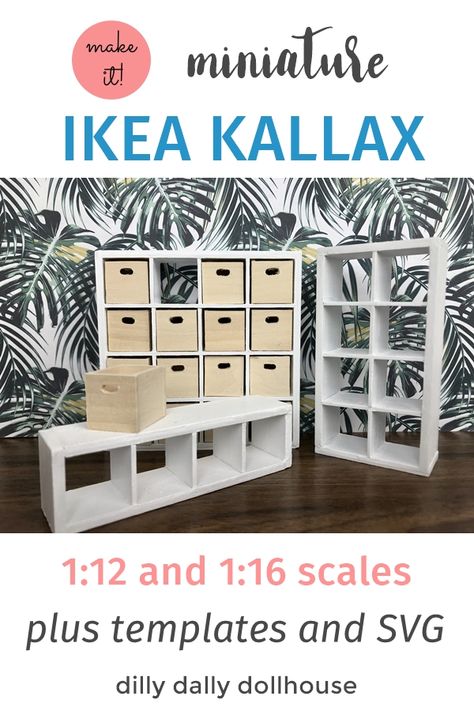 Tutorial/DIY miniature cube bookcase inspired by IKEA Kallax - in 1:12 and 1:16 scales Ikea Kallax Dollhouse, Room Boxes Miniature Dioramas, Cricut Doll, Cricut Miniatures, 1 12 Scale Miniatures Diy, Steampunk Dollhouse, Kallax Bookcase, Ikea Dollhouse, Dollhouse Bookcase