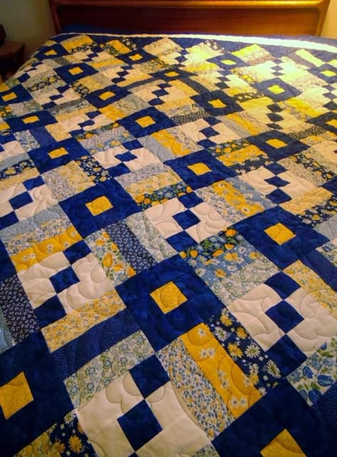 Blue And Gold Quilts, Blue And Yellow Quilts Ideas, Diagonal Quilt, Baby Quilts Easy, Blue Quilt Patterns, Orange Quilt, Vintage Quilts Patterns, Yellow Quilts, Jelly Roll Quilt Patterns