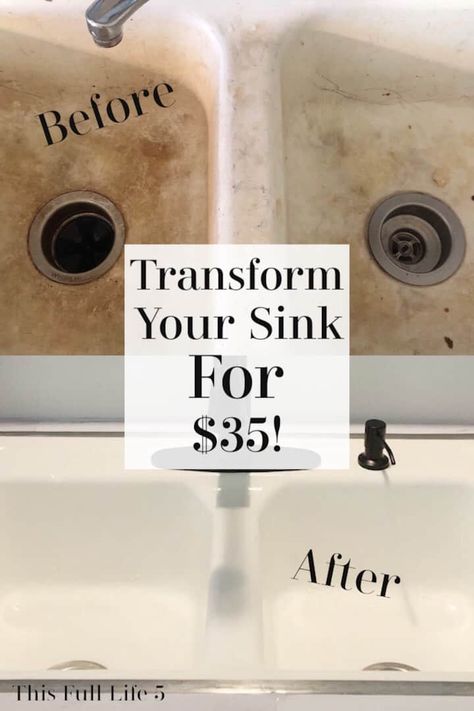 How to Resurface Your Kitchen Sink - This Full Life 5 Kitchen Sink Upgrade, Painting A Sink, Farm Style Sink, Porcelain Kitchen Sink, Kitchen Sink Remodel, Kitchen Sink Diy, Farm Style Kitchen, Cast Iron Kitchen Sinks, Sink Repair