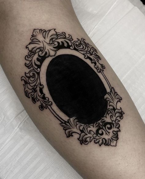 Traditional Style Cover Up Tattoo, Traditional Cover Up Tattoo Black, Cover Chest Tattoo, Round Tattoo Cover Up Ideas, White Ink Over Black Tattoo Cover Up, Dark Surrealism Tattoo Design, Black And White Cover Up Tattoo, Metal Tattoos For Women, Ornate Mirror Tattoo