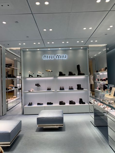 Shoe Store Aesthetic, Shoe Wall Rack, Miu Miu Store, Gacha Background, Shoe Store Design, Shoe Wall, Neo Classic, Minimalist Shoes, Retail Store Design