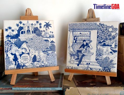 Ubiquitous in Goan architecture, Azulejos are hand- painted tiles of Portuguese origin, traditionally in a striking blue colour.  Several artists have rendered their designs on these tiles, most famously in Goa.  Renditions of this art form are available for purchase at Azulejos de Goa, De Goa Ceramics, Velha Goa Galeria and Marcou Artifacts. Goa Paintings Art, Azulejos Tiles Goa, Goa Painting, Goan Architecture, Painted Tiles, Portuguese Tiles, Architecture Painting, Hand Painted Tiles, Painting Tile