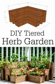 DIY Tiered Herb Garden Tutorial. Great for decks and small outdoor spaces! would also work on the corner of a porch or narrow entry Tiered Herb Garden, Raised Garden Bed Plans, Backyard Ideas For Small Yards, Garden Farm, نباتات منزلية, Wood Planter, Farm Food, Pallet Garden, Food Family