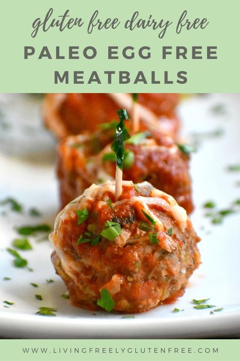 Easy italian meatballs that are paleo and egg free are the perfect hearty dinner, or appetizer to serve. You can also freeze these for easy meals that the entire family love. Gluten Free Egg Free Meatballs, Meatball Recipes Without Eggs, Eggless Meatballs, Meatballs Without Eggs, Eoe Diet, Egg Free Paleo, Egg Free Meatballs, Egg Meals, Paleo Meatballs