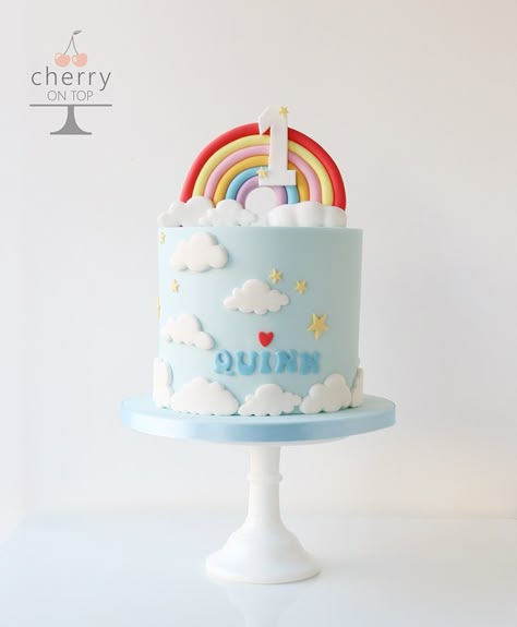 Rainbow Cloud 1st Birthday Cake Rainbow Cake For Boys, Rainbow 1st Birthday Cake, Cloud Birthday Cake, Cloud Birthday, 1st Birthday Foods, Twin Birthday Cakes, Boys First Birthday Cake, Pig Birthday Cakes, Rainbow First Birthday