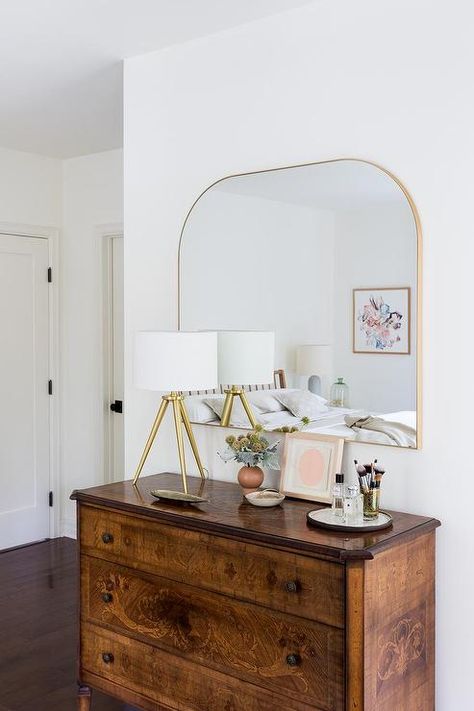 Arched Mirror Bedroom Dresser, Leaning Mirror Bedroom Dresser, Mirror Over Long Dresser, Bedroom Wall Mirror Over Dresser, Arch Mirror Dresser, Arched Mirror On Dresser, Big Antique Mirror In Bedroom, Wide Arched Mirror, Arched Mirror Over Dresser