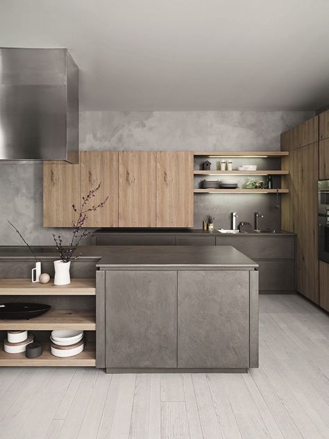 contemporary kitchen cabinet colors gray and wood combination Grey Kitchen Interior, Model Dapur, Kabinet Dapur, Kitchen Remodel Design, Contemporary Kitchen Design, 아파트 인테리어, Grey Kitchen Cabinets, Luxury Kitchen Design, Kitchen Room Design