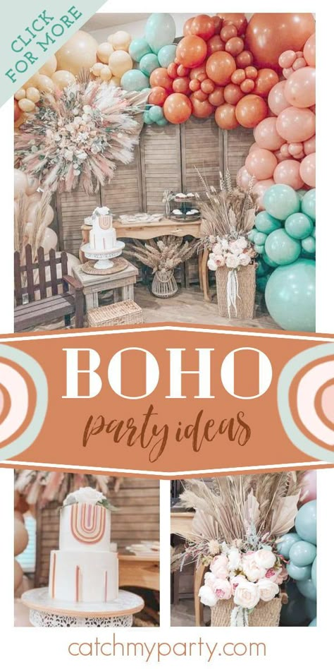 21st Boho Birthday Ideas, Boho Party Color Palette, Boho Cowboy Birthday Party, Boho Birthday Party Cake, Boho Retirement Party Ideas, Boho Party Theme Ideas, Boho Party Decorations Diy, Boho Glam Party, Boho Sweet 16 Ideas Birthday Parties