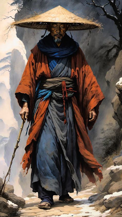 The wandering monk traveled the world, searching for inner peace and spiritual enlightenment. He roamed from village to village, spreading messages of... - Monk Temple Fantasy Art, Drunken Master Monk, Dnd Monk, Npc Art, Drunken Master, Dnd Npc, Woman Authors, Country Music Stars, Spiritual Enlightenment