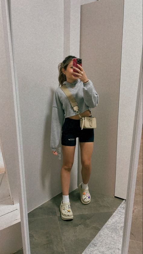 Biker Short And Hoodie Outfit, Oversized Hoodie Biker Shorts, Casual High-waisted Biker Shorts For Streetwear, Athleisure Mid-thigh Biker Shorts For Streetwear, Kendall Jenner Biker Shorts, Comfy Lounge, Weekend Outfit, Biker Shorts, Sporty Style