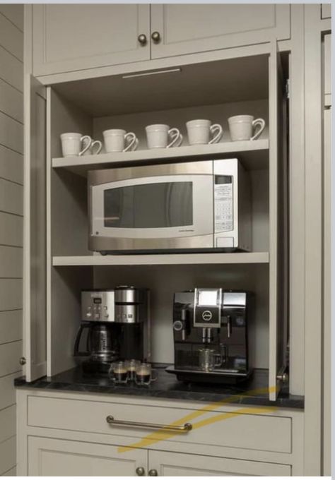 Oven And Coffee Station, Appliance Garage For Microwave, Kitchen Cabinet Microwave Storage, Kitchen Built In Hitch, Microwave And Coffee Cabinet, Coffee Bar And Microwave Station, Coffee And Microwave Cabinet, Microwave Station Ideas, Coffee Microwave Toaster Station