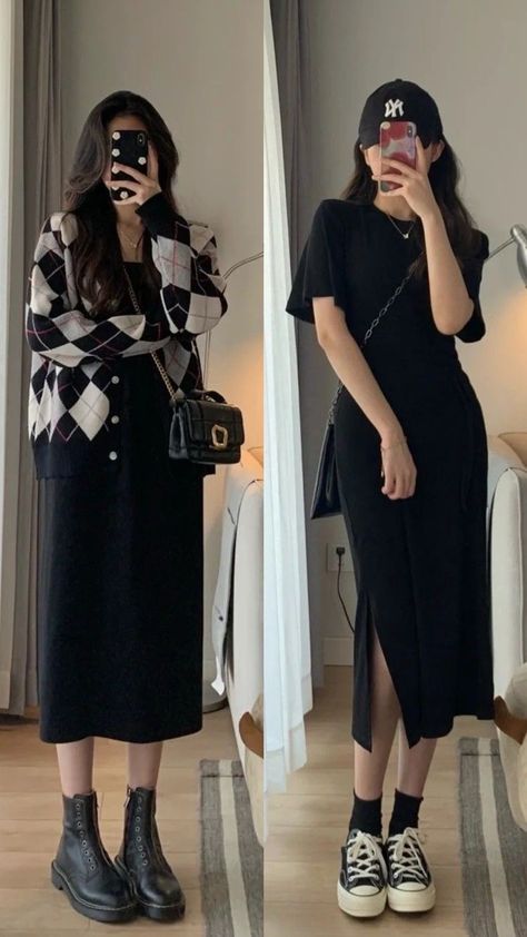 Long Skirt Fashion Casual Street Styles, Korean Street Fashion 2023, Korean Fashion Skirt Long, Black Long Skirt Outfit Korean, Korean Outfits Skirts Long, Moderately Modest Outfits, Korean Style Skirt Long, Korean Long Dress Outfit, 2017 Aesthetic Outfits