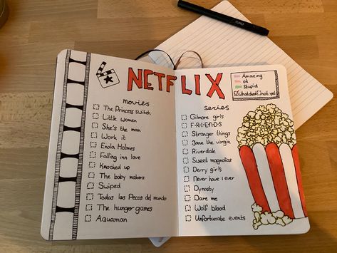 Journal Netflix Ideas, Bucket Journal Ideas, Bucket List Scrapbook Ideas, Bullet Journal Netflix List, Netflix Bucket List, Bucket List Design Ideas, Couple Book Diy Scrapbook, Scrapbook Page Ideas For Boyfriend, Couple Scrapbook Pages Ideas