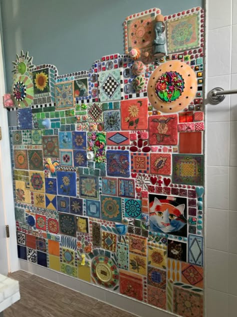 Mosaic In House, Mosaic Bedroom Wall, Bathroom Mosaic Art, Diy Tile Wall, Bathroom Mozaik Wall, Mosaic Tile Mural Wall Art, Butcherblock Countertops, Mosaic Garden Art, Mosaic Art Projects