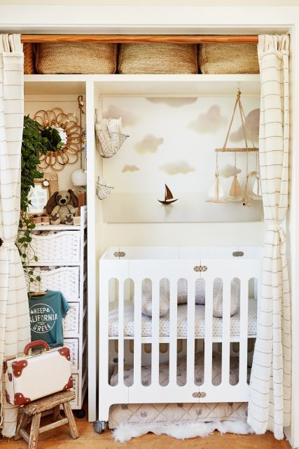 Tiny house closet nursery Two People, Two Dogs & A Baby Live In This 362-Square-Foot Cottage+#refinery29 #paid Crib In Closet, Baby Nook, Tiny House Closet, Closet Nursery, Tiny Nursery, Nursery Nook, Small Space Nursery, Trendy Nursery, Baby Live