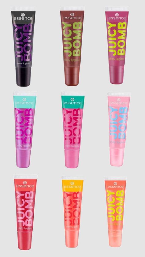 Essence juicy bombs! #essence #lipgloss #preppy #essencemakeup #juicybomb #essencecosmetics #lipcare #lipproducts Juicy Boom Essence, Essence Lipgloss, Essence Juicy, Juicy Bomb, Juicy Tubes, Paper Toy Printable, Essence Makeup, Essence Cosmetics, Shower Skin Care