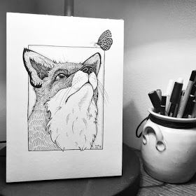 Tranquil by Sofia Härö Dog Ink Drawing, Fox And Butterfly, White Ink Drawing, Butterfly Black And White, Modern Artwork Abstract, Frog Illustration, Frog Drawing, Animal Drawing, Lovely Animals