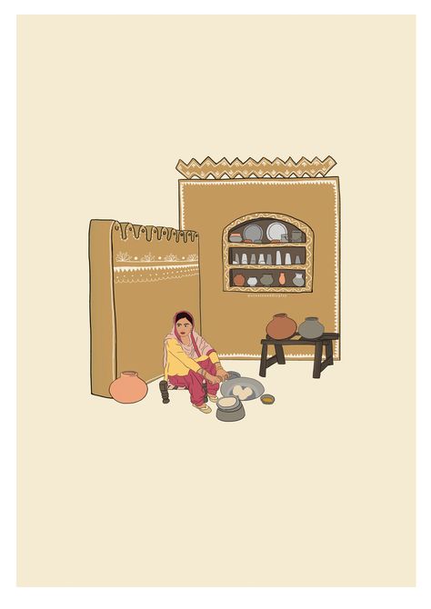 Indian Kitchen Illustration, Punjabi Culture Art, Punjabi Illustration, Traditional Outdoor Kitchen, Making Roti, Cook Illustration, Wall Art Indian, Figure Sketches, Culture Wall