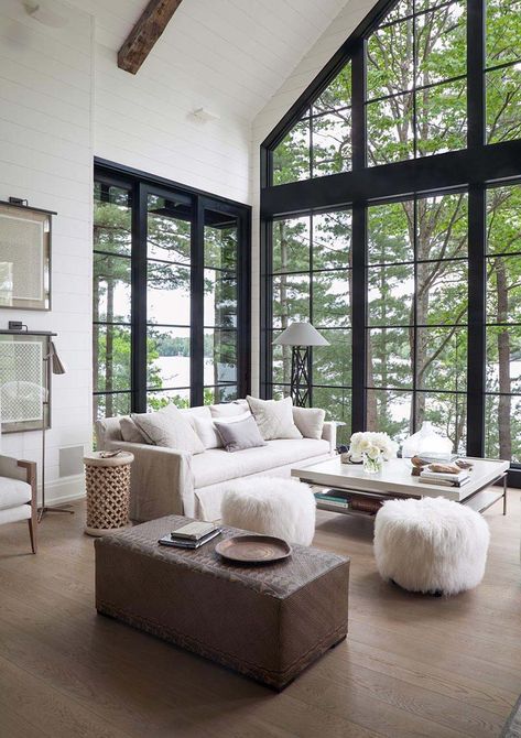 Dreamy rustic-modern lake house with sweeping vistas of Lake Joseph Lake House Living Room Decor, Lake House Living Room, Furnitur Ruang Keluarga, Modern Lake House, Sunrooms, Decor Home Living Room, A Living Room, Farmhouse Living, Design Case