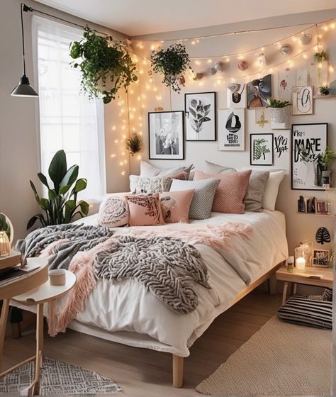 room decor Room inspiration Bedroom decor Personalization ideas Uni room ideas Dorm room decor Hanging Ivy Plants Washi-Tap Wall! Pompom Garlands! LED Lights Photo wall Snack and Drink Trolley Big Wall Room Decor, Color Rooms Ideas, Asthetic Room Designs Bedroom, How To Put A Bed In Front Of A Window, Room Ideas Wood Wall, Asthetic Room Decor Ideas For Teen, Picture Wall Ideas Above Bed, Aesthetic Things To Put On Your Wall, Cute Wall Ideas For Bedrooms