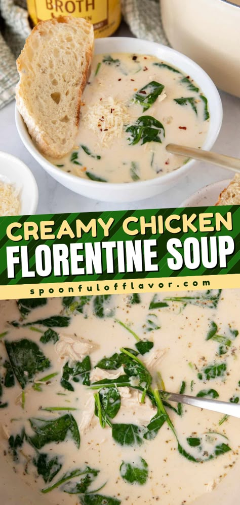 This Creamy Chicken Florentine Soup is an easy dinner idea inspired by the classic Italian dish! This creamy homemade soup comes together in one pot in 20 minutes. Pin this simple weeknight dinner recipe! Warm Dinner Ideas, Creamy Chicken Florentine, Chicken Florentine Soup, Florentine Soup, Chicken Pasta Soup, Ravioli Soup, Italian Chicken Soup, Easy Creamy Chicken, Creamy Italian Chicken