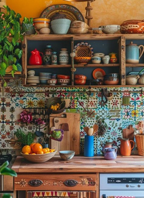 Eclectic Country Home, Eclectic Kitchen Bohemian, Howls Bedroom, Mexican Farmhouse Decor, Eccentric Kitchen, Cottage Lifestyle, Vintage Rooms, Maximalist Kitchen, Unfitted Kitchen