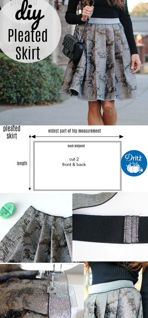 Nothing says Holiday attire like metallic textiles and full skirts. This simple pleated skirt is the perfect Holiday lo... Diy Pleated Skirt, Sewing Skirts Women, Pleated Skirt Pattern, Trash To Couture, Holiday Skirt, Trendy Sewing Projects, Holiday Skirts, Sewing Clothes Women, Upcycled Clothes