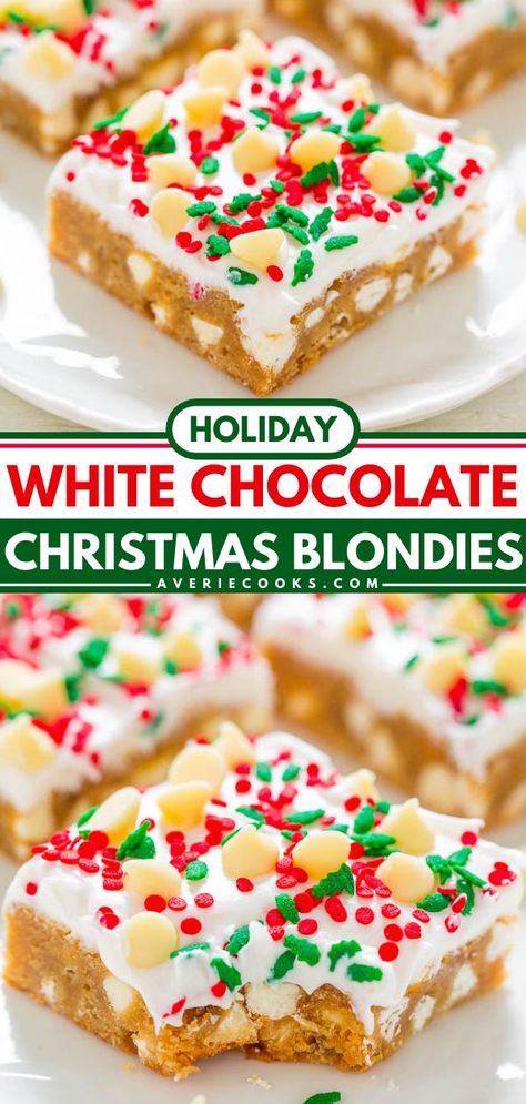 White Chocolate Christmas Blondies with Cream Cheese Frosting, christmas desserts, holiday baking recipes Christmas Blondies, Christmas White Chocolate, White Chocolate Christmas, White Chocolate Desserts, Perfect Christmas Dessert, Cream Cheese Frosting Easy, Chocolate Blondies, Holiday Baking List, White Chocolate Blondies