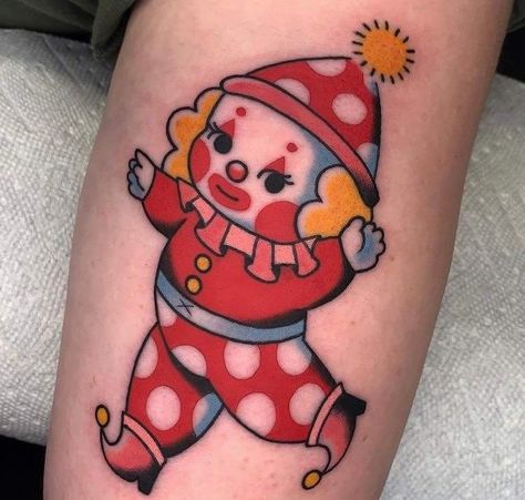 Clowncore Tattoo, Kewpie Art, Bright Tattoos, Cherry Tattoos, Clown Tattoo, Doll Tattoo, Kawaii Tattoo, Cute Piercings, Tattoo Illustration