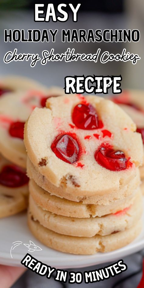 Easy Holiday Maraschino Cherry Shortbread Cookies Maraschino Cherry Desserts, Maraschino Cherry Recipes, Maraschino Cherry Shortbread Cookies, Maraschino Cherries Recipes, Cherry Shortbread Cookies, Cherry Shortbread, Shortbread Cookies Easy, Cherry Cookies, Maraschino Cherries