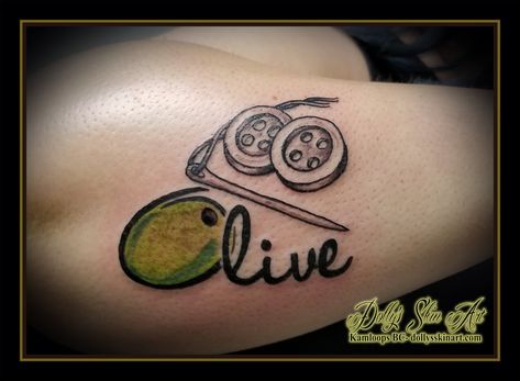 Green Olive Tattoo, Button Tattoo Ideas, Olive Cartoon, Grandmother Tattoo, Olive Tattoo, Colour Tattoos, Button Tattoo, Memorial Tattoos, Cartoon Tattoos