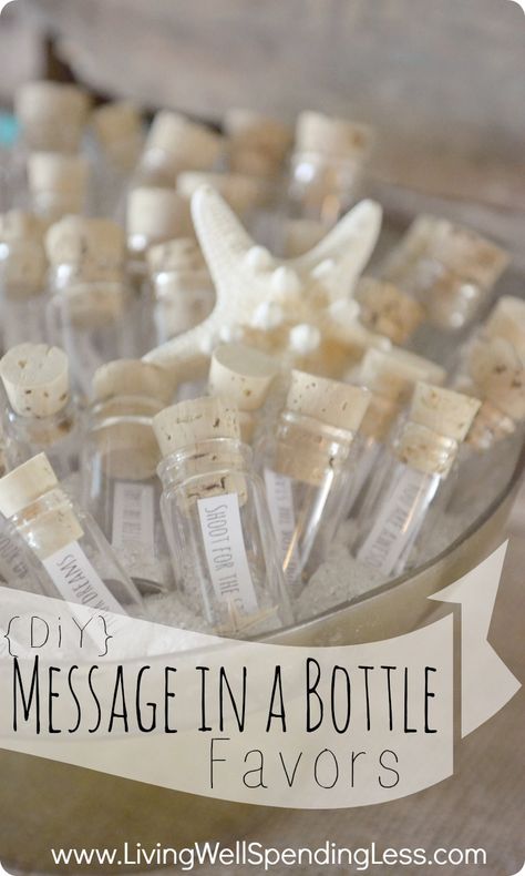 Message in a Bottle Party Favors. So cute for a beach themed party or wedding! Would be great for a mermaid or pirate party too! – Living Well Spending Less™ Bottle Party Favors, Diy Party Favors, Beach Themed Party, Mermaid Parties, Diy Event, Mermaid Beach, Beach Birthday, Beach Diy, Beach Wedding Decorations